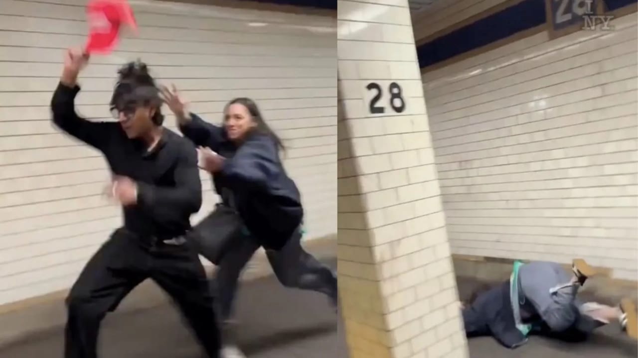 Viral Video Shows Woman Face-Planting After Chasing MAGA Hat Wearer in NYC Subway
