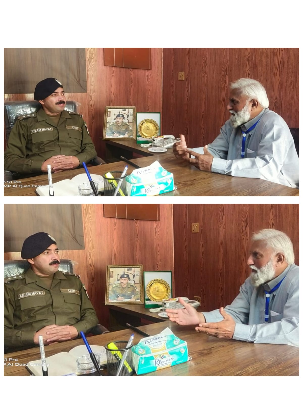 Senior journalist Tayyab Habib Khan meets DSP Legal Aslam Hayat Jota at his office.
