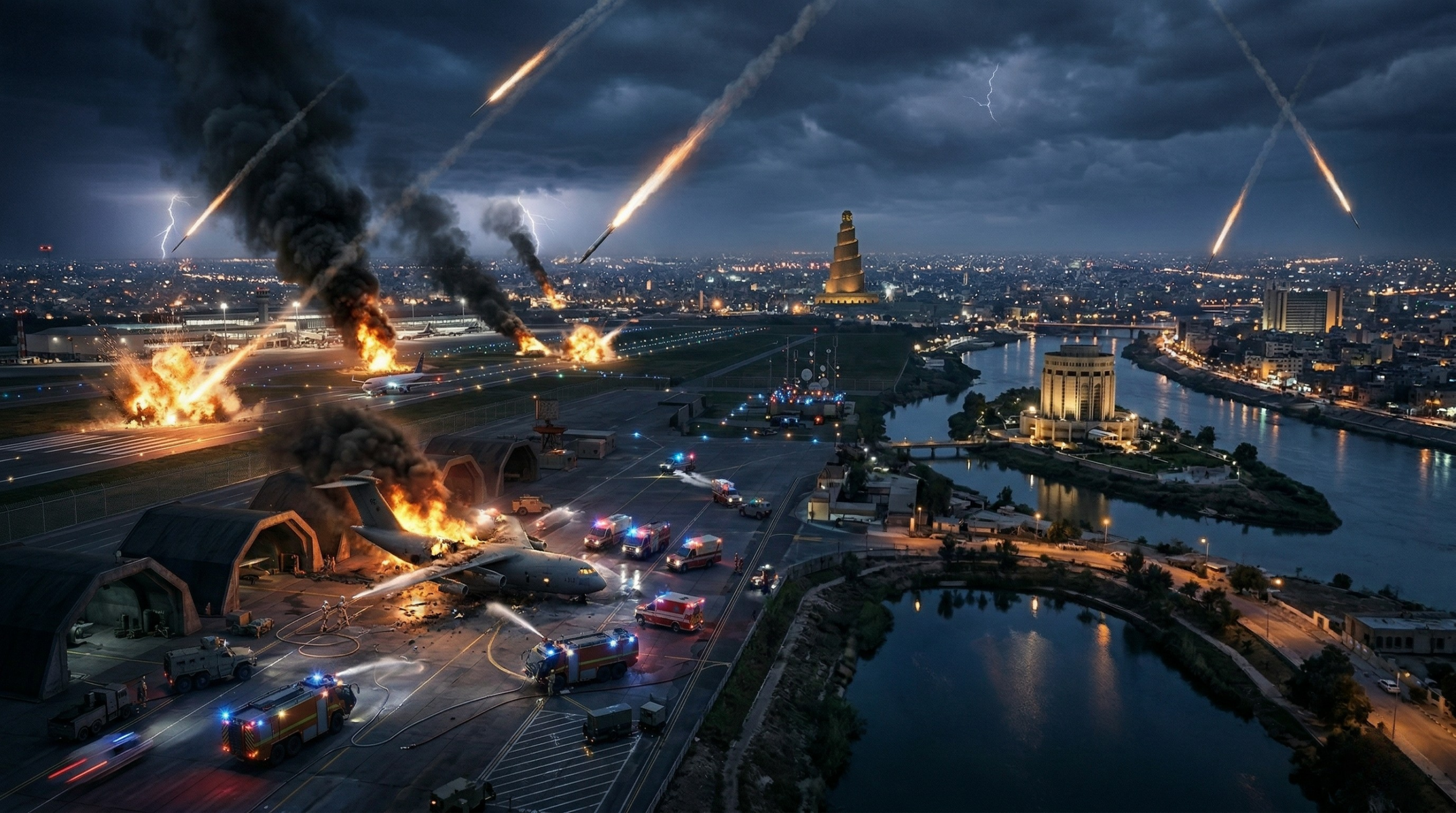 Smoke and fire rising after rocket attack near Baghdad airport