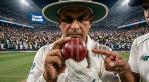 Umpire inspecting cricket ball during PSL match