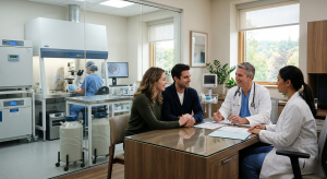 Couple consulting doctors in an IVF clinic abroad for fertility treatment