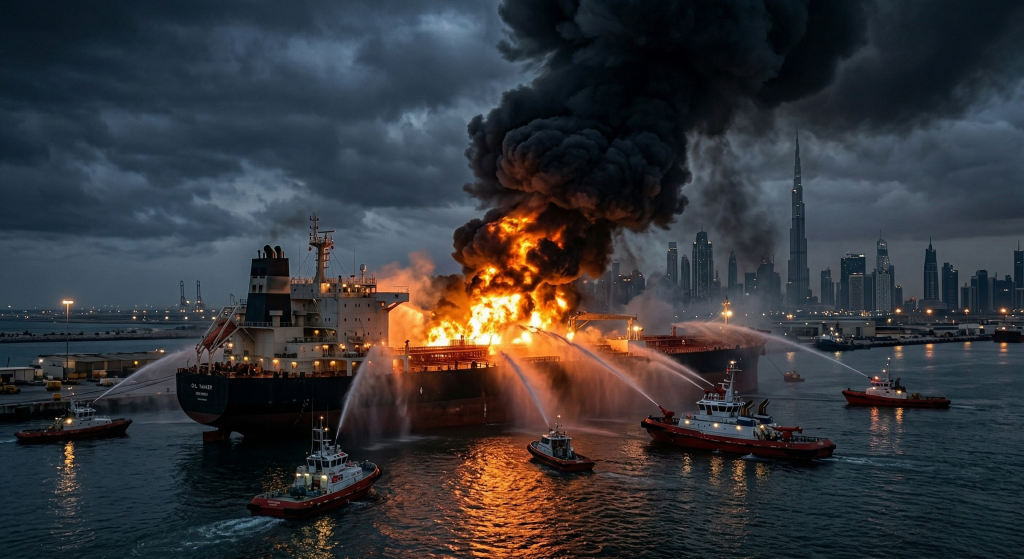 Kuwaiti oil tanker fire in Dubai after drone attack