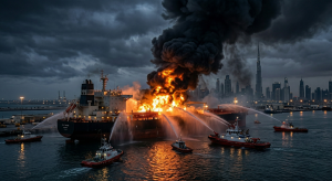 Kuwaiti oil tanker fire in Dubai after drone attack