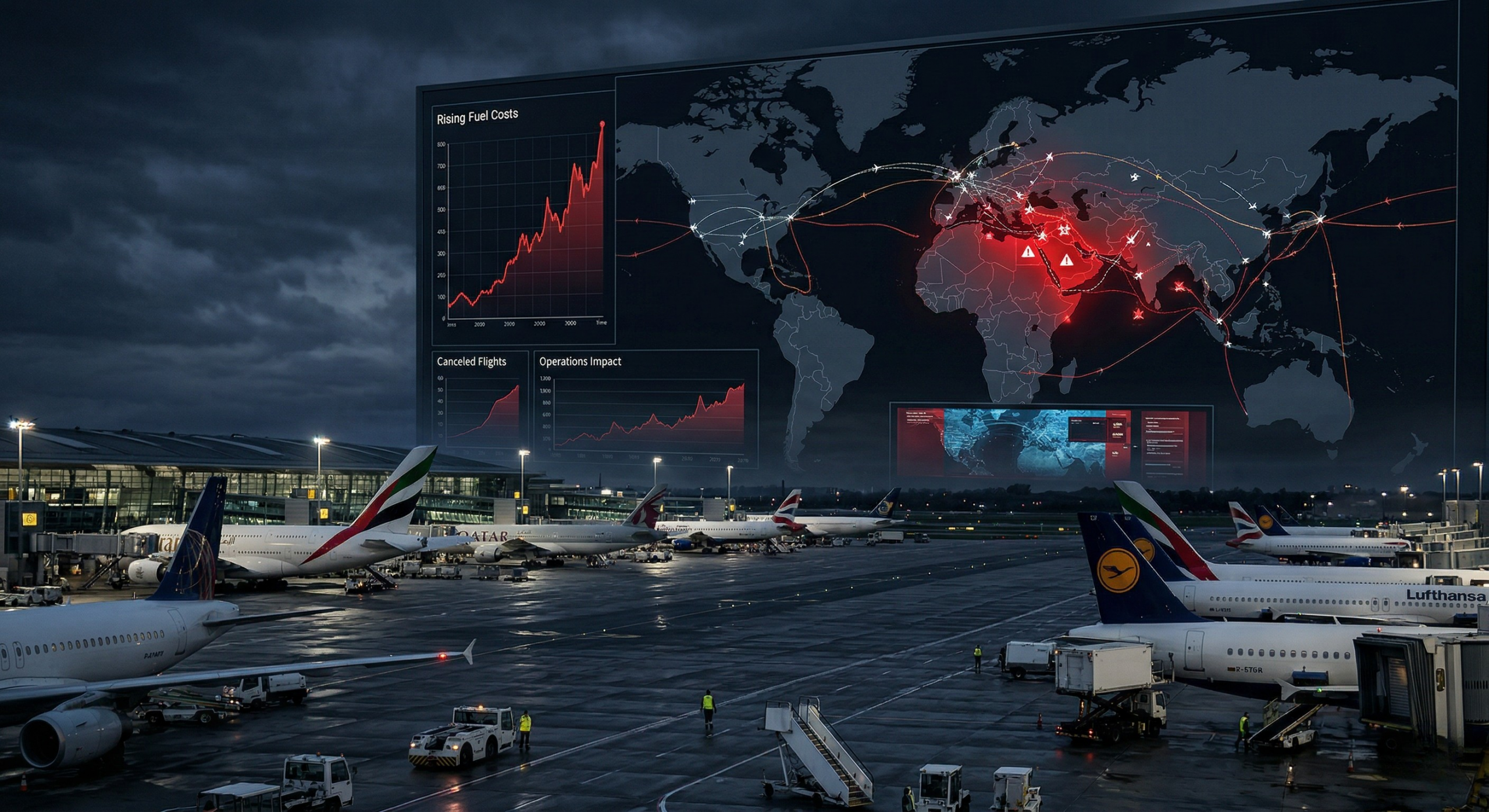 Airplanes and rising fuel costs graph showing global aviation crisis due to Iran war