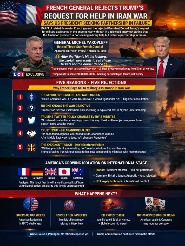 French General Michel Yakovleff criticizes Trump Iran War France Rejection request for military help
