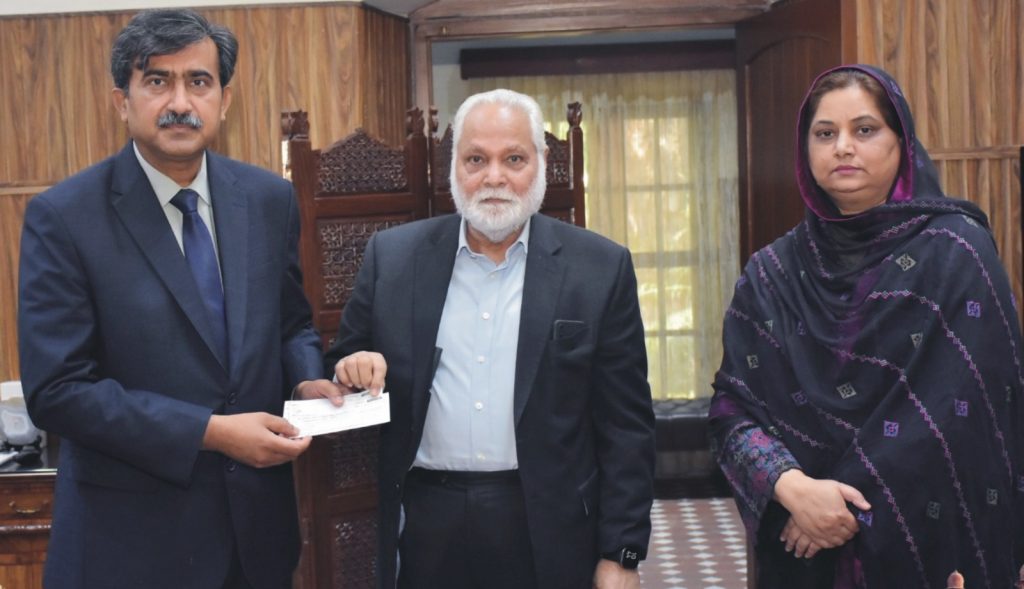 UAF scholarships cheque distribution ceremony led by Dr Pervez Sultan and Prof Dr Zulfiqar Ali