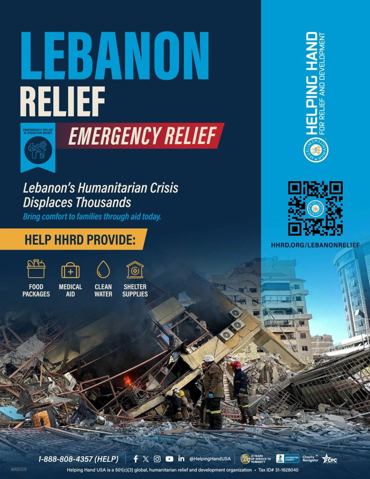 Lebanon emergency relief campaign helping displaced families with food, medical aid, clean water, and shelter supplies