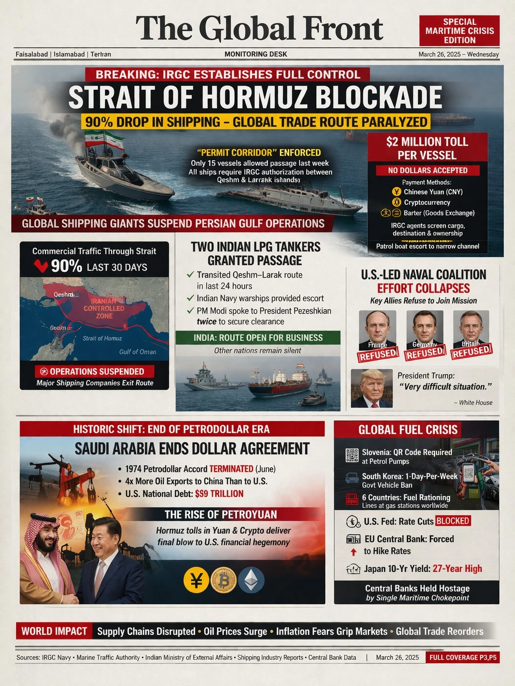 Iranian naval vessels controlling Strait of Hormuz shipping route