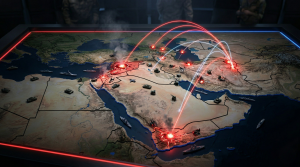 Map showing multiple conflict zones in Middle East during Iran war