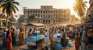 Stacked bottled water packs in Indian market