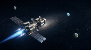 Orion spacecraft traveling into deep space away from Earth