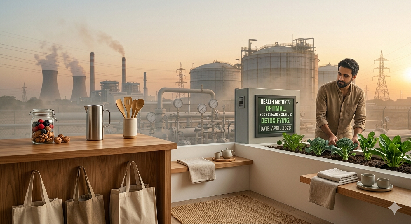 Infographic showing how to reduce microplastics at home naturally using filtered water, glass containers, HEPA air purifiers, and fiber-rich foods