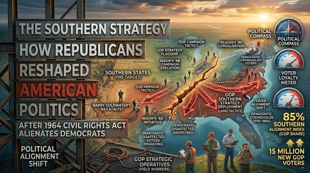 A vintage US political map showing the South's shift from Democratic to Republican voting patterns during the Civil War era through the Nixon era