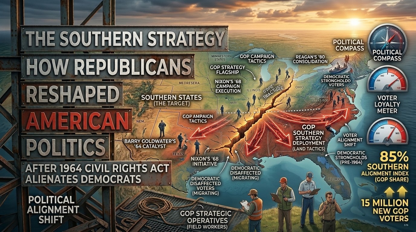 A vintage US political map showing the South's shift from Democratic to Republican voting patterns during the Civil War era through the Nixon era