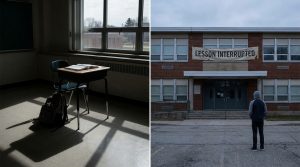 Empty classroom with closed door representing lesson interrupted during COVID-19 school closures