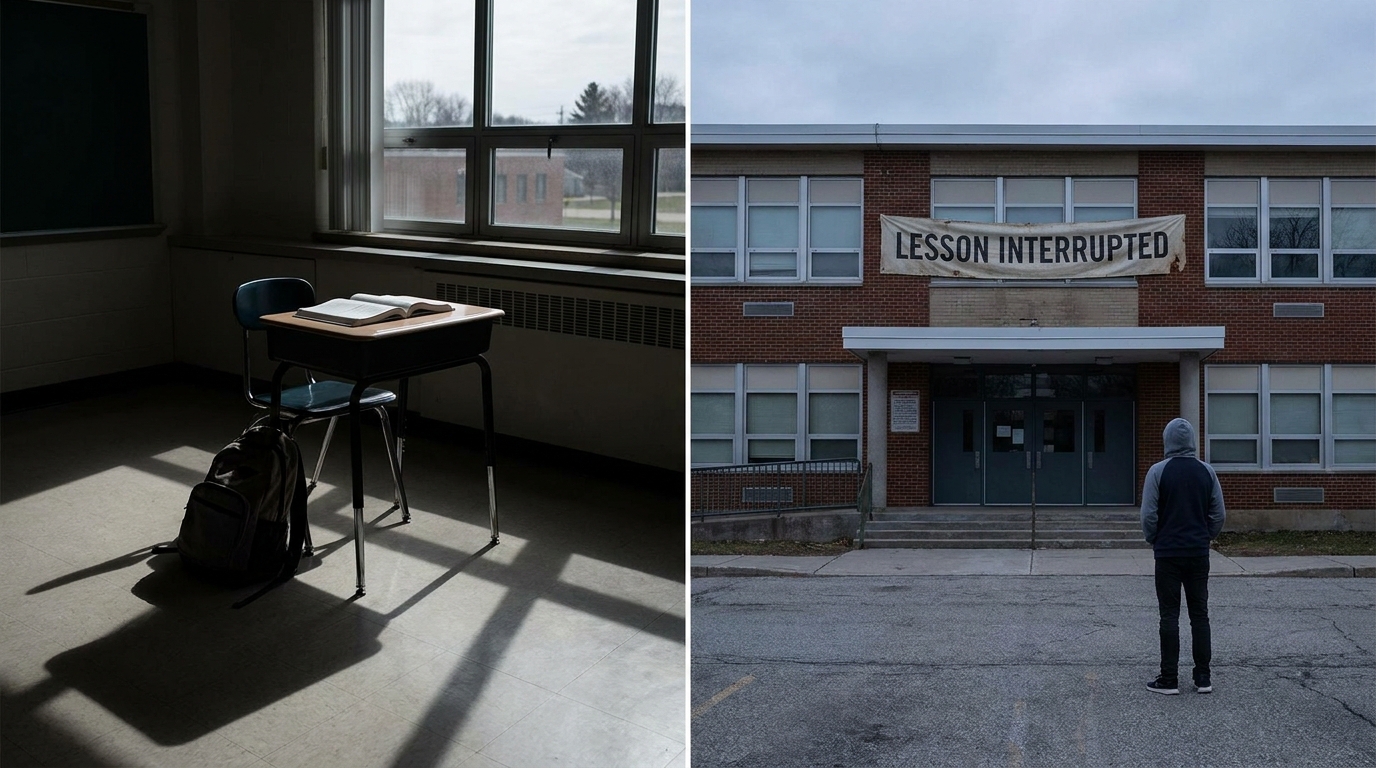 Empty classroom with closed door representing lesson interrupted during COVID-19 school closures