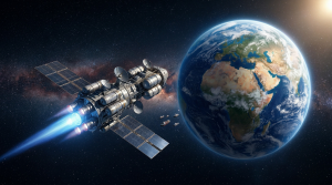 Orion spacecraft leaving Earth orbit heading towards the Moon