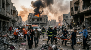 Middle East war scene with damaged buildings and emergency response teams