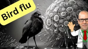Close-up of a chicken on a farm with a warning sign about bird flu H5N1 avian influenza outbreak