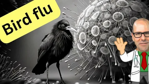 Close-up of a chicken on a farm with a warning sign about bird flu H5N1 avian influenza outbreak