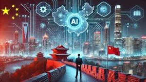 China AI skyline with digital neural network overlay representing Chinese artificial intelligence growth and DeepSeek AI innovation