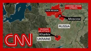 Ukraine military drone flying over a destroyed industrial facility in Russia during a long-range strike operation in 2026