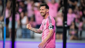 Lionel Messi in Inter Miami jersey celebrating a goal during 2026 MLS season