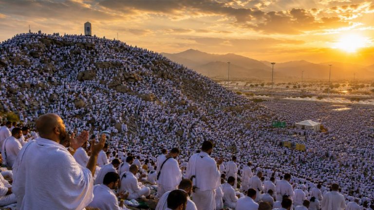 Muslim pilgrims dressed in white Ihram gather on the plains of Mount Arafat during Hajj 2026 live rituals on the Day of Arafah, May 26, 2026, Saudi Arabia