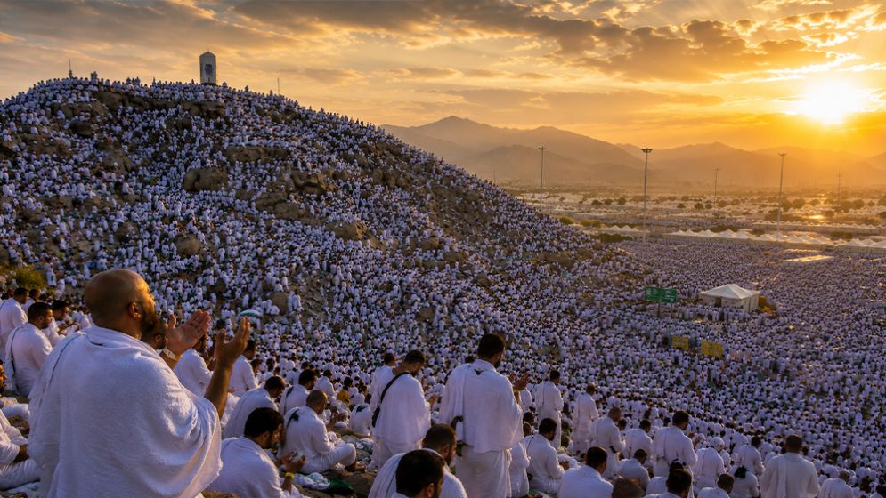 Muslim pilgrims dressed in white Ihram gather on the plains of Mount Arafat during Hajj 2026 live rituals on the Day of Arafah, May 26, 2026, Saudi Arabia