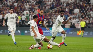 Barcelona players celebrate El Clasico 2026 La Liga title victory at Camp Nou after beating Real Madrid 2-0
