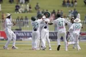 Bangladesh cricket players celebrate after winning the 2nd test match against Pakistan at Sylhet International Cricket Stadium, May 20, 2026