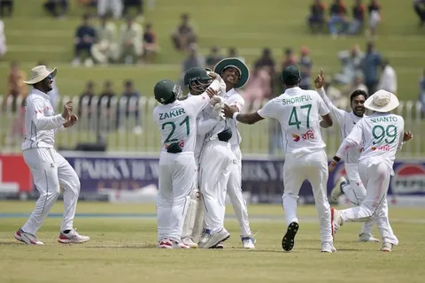 Bangladesh cricket players celebrate after winning the 2nd test match against Pakistan at Sylhet International Cricket Stadium, May 20, 2026