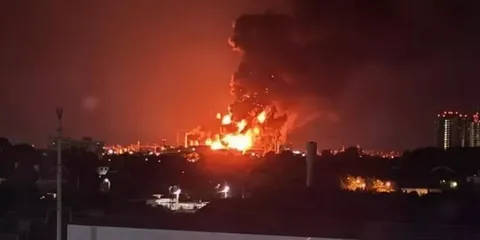 Smoke rises near the Ryazan oil refinery after a reported Ukrainian drone attack deep inside Russia during the ongoing Russia-Ukraine war.