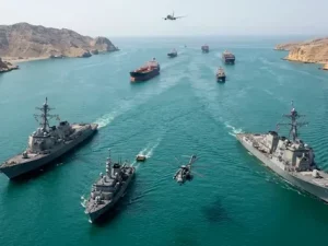 Map showing Iran, Israel, and Strait of Hormuz with military strike markers during 2026 Iran war