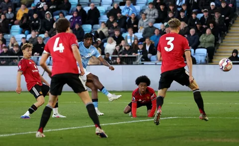 Reigan Heskey celebrates his late winner for Manchester City against Manchester United in the 2026 FA Youth Cup final at Joie Stadium