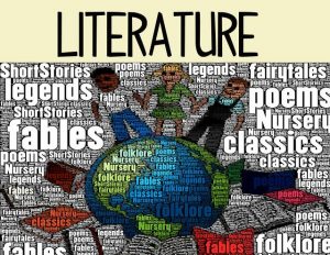 Literature word cloud showing genres like poems, folklore, fables, classics, and short stories.