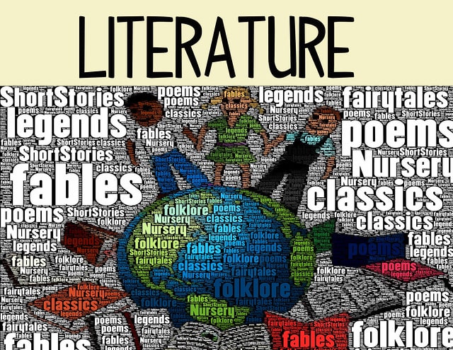 Literature word cloud showing genres like poems, folklore, fables, classics, and short stories.
