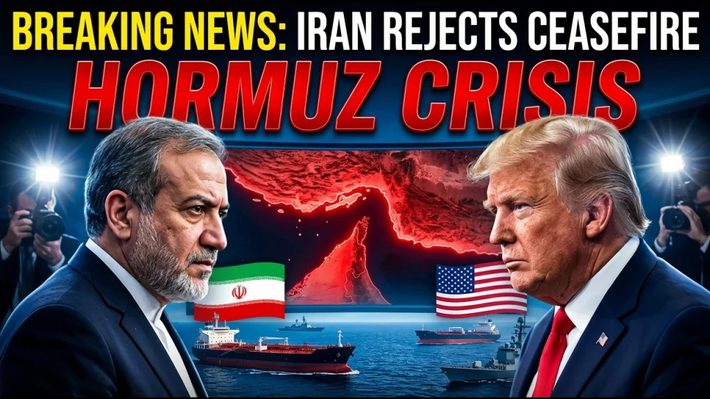 Map of Strait of Hormuz showing US and Iran naval conflict zones during the 2026 war ceasefire standoff