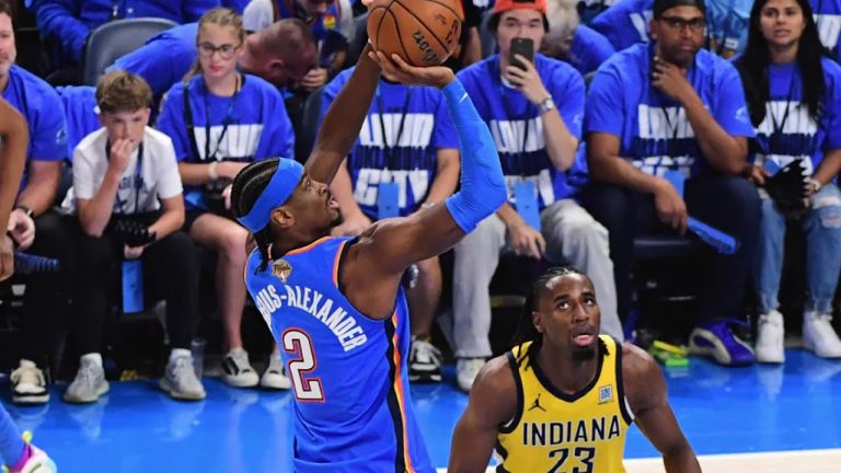 Shai Gilgeous-Alexander driving to the basket against the San Antonio Spurs during Game 2 of the 2026 NBA Western Conference Finals at Paycom Center
