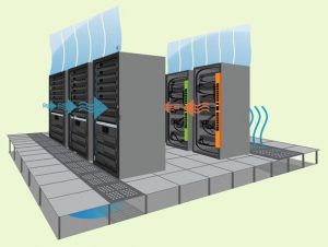 Modern data center with advanced cooling systems including air and liquid cooling pipes controlling server heat.