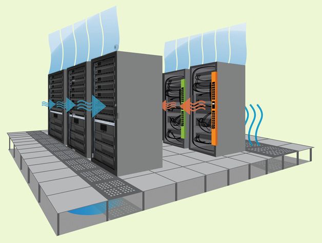 Modern data center with advanced cooling systems including air and liquid cooling pipes controlling server heat.