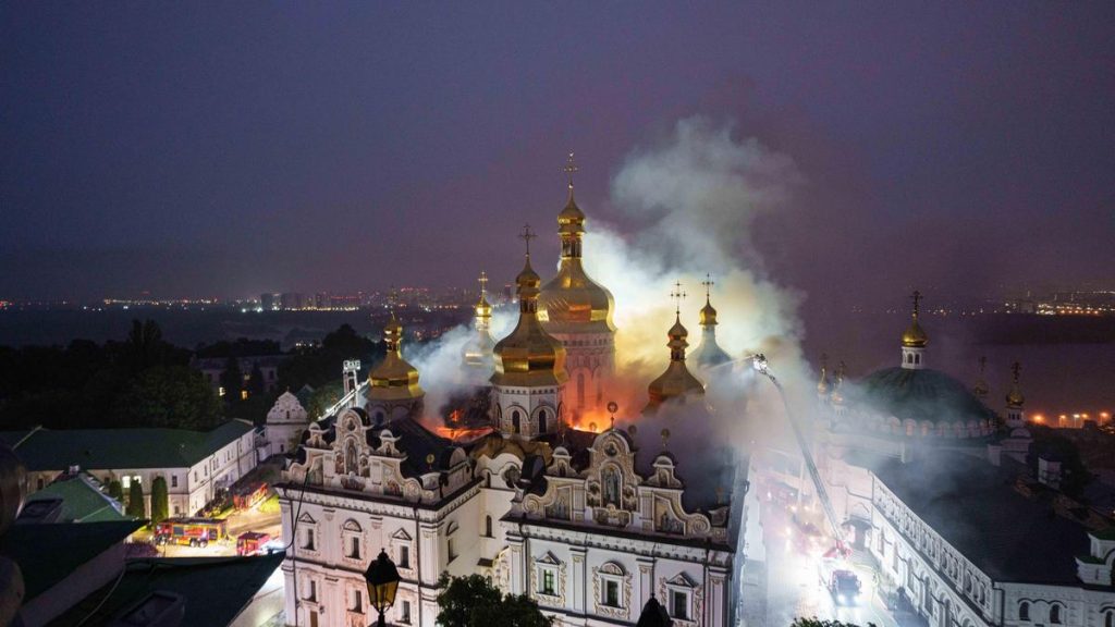 Kyiv-Pechersk Lavra and Dormition Cathedral in Kyiv during wartime conditions with protective measures amid Ukraine conflict.