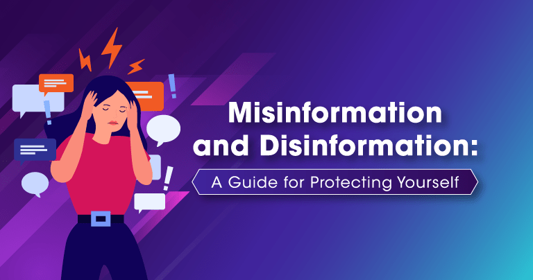 Illustration showing misinformation and disinformation spreading across social media with fact-checking symbols and global communication networks.