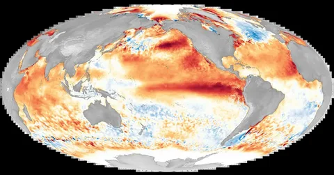 Global weather map showing El Niño Weather 2026 effects across the Pacific Ocean and surrounding regions.