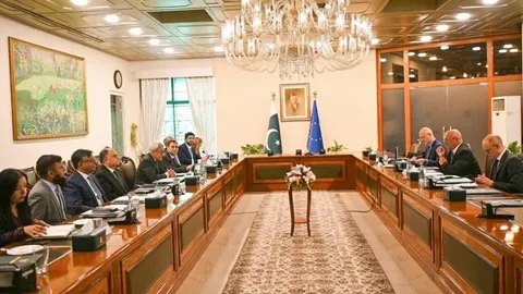 EU delegation and Pakistani officials shaking hands during strategic dialogue meeting in Islamabad discussing Pakistan Europe relations and trade cooperation.