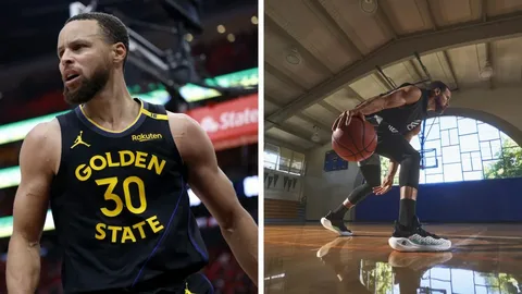 Stephen Curry wearing Li-Ning basketball shoes during an NBA game, highlighting his long-term brand partnership deal.