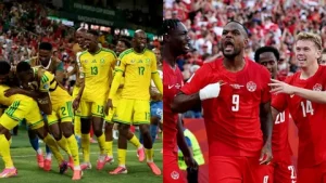 South Africa and Canada players contest the ball during the FIFA World Cup 2026 Round of 32 match as Bafana Bafana chase a historic victory.