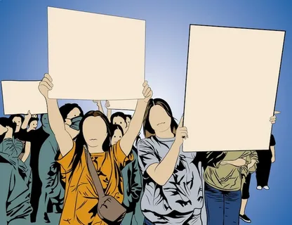 Cartoon-style protest images showing crowds with banners and digital illustrations representing modern online activism and social movements.