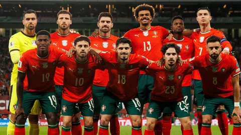 Portugal national football team players celebrating on the pitch during a FIFA World Cup 2026 qualifying match in team jerseys.