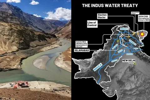 River Indus water flow with dams and irrigation canals symbolizing India-Pakistan water dispute under Indus Water Treaty.